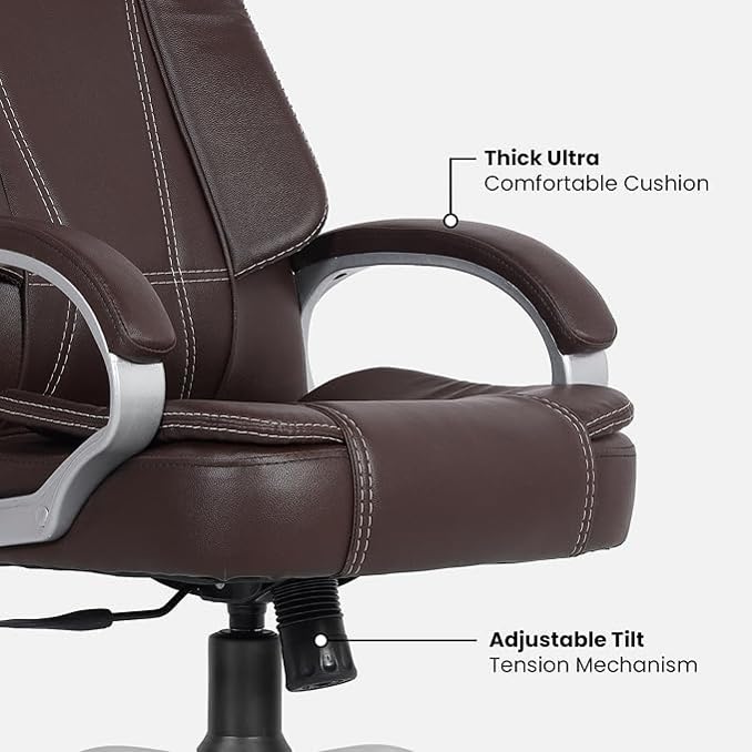 Image of High-Back Leatherette Office Executive Chair with Padded Armrests and Adjustable Recline (Brown)