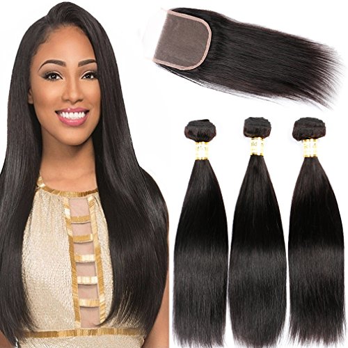 Brazilian Straight Hair 3 Bundles With Lace Closure 100% Unprocessed Virgin Human Hair Weave Extensions Natural Color by Goldfinch (16" 18" 20" weft + 14"closure)
