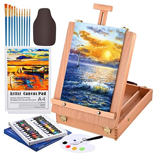 Cieex Kit de Pintura de 49 Piezas Caballete de Madera con 24 Colores Tubos de Pintura Acrilica, Pinceles, Espátula, Delantales, Paleta y Lienzo para Pintar para Profis y A ficionados