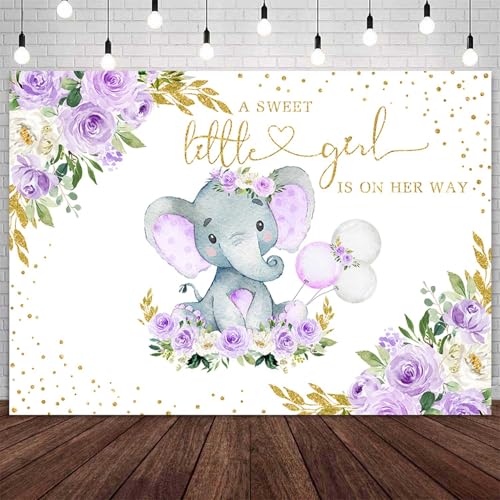 Sensfun 7x5ft Purple Elephant Baby Shower Backdrop for Girl Watercolor Floral A Sweet Little Girl is on Her Way Baby Shower Party Decoration Photography Background Cake Table Banner Photo Booth Props