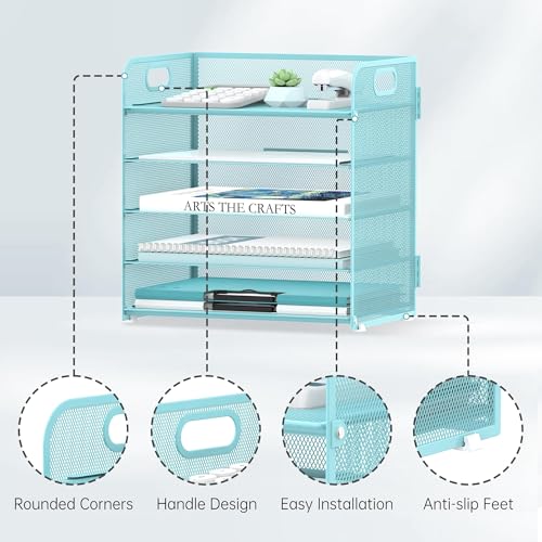 Image of 2 Pack 5-Tier Blue Desk Organizer with Handle Mesh Desk File /Paper Organizer Letter Tray for Office, School and Home Easy Installation