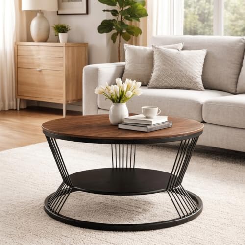 Image of EDEUEQUE Modern Coffee Table Round Simple Coffee Tables with Storage Shelf with 1-Tier Storage Shelves, Center Table Minimalist Cocktail Table for Living Room, Office Black Brown