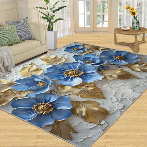 Tapete Floral azul y dorado 6x9 ft rectangular miniatura 1