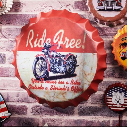 Image of EAZYWAGON Decorative Metal Bottle Caps Wall Sign Plates - 14X14 Inches - RIDE FREE | Metal Wall Hanging Bottle Cap for Home, Farmhouse, Bar & Cafe Decoration | Vintage & Retro Look Plaques