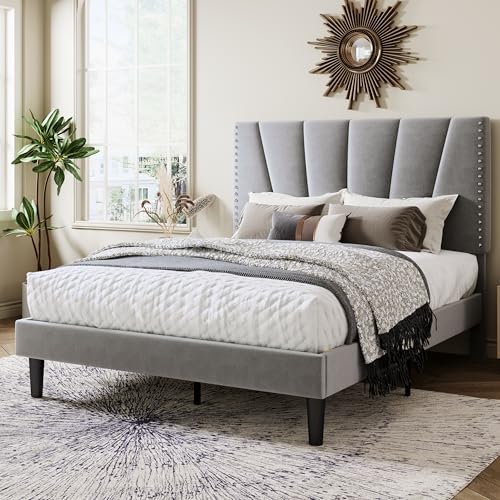 Image of Allewie Full Size Velvet Platform Bed Frame with Adjustable Headboard, Grey | Height-Adjustable Velvet Headboard, Rivet-Style Nailhead Trim, Wooden Slat Support, No Box Spring Needed, Easy Assembly