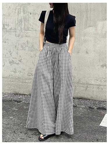 GORGLITTER Women's Wide Leg Gingham Pants Checkered Elastic High Waisted Baggy Casual Palazzo Pants Trousers Work Office4