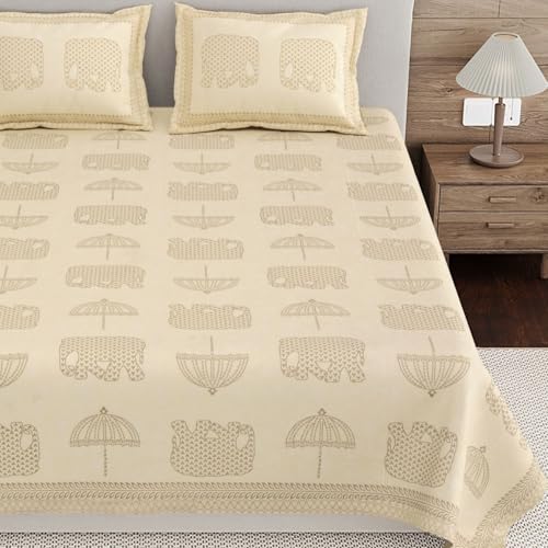 Image of Living Roots Ethnic Jaipur Block Print Double Cotton Bedsheet & 2 Pillow Covers, for Mattress Upto 6 inches Thick, No Colour Bleeding, Grey Colour, King Size 90 * 108 inches, 120TC (601-B)
