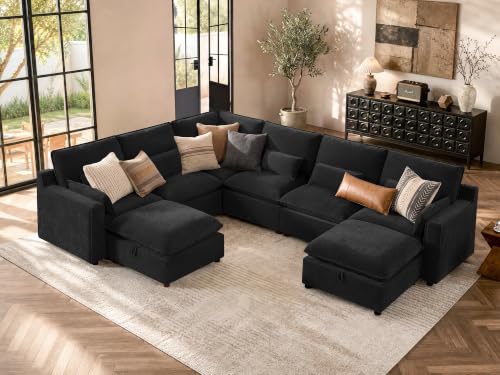 Image of WorthFurni Modern Modular Sectional Sofa,137 inch V Shape Sectional Cloud Couch with Storage Ottoman,Comfty 8 Seat Sofa for Living Room,Black Chenille