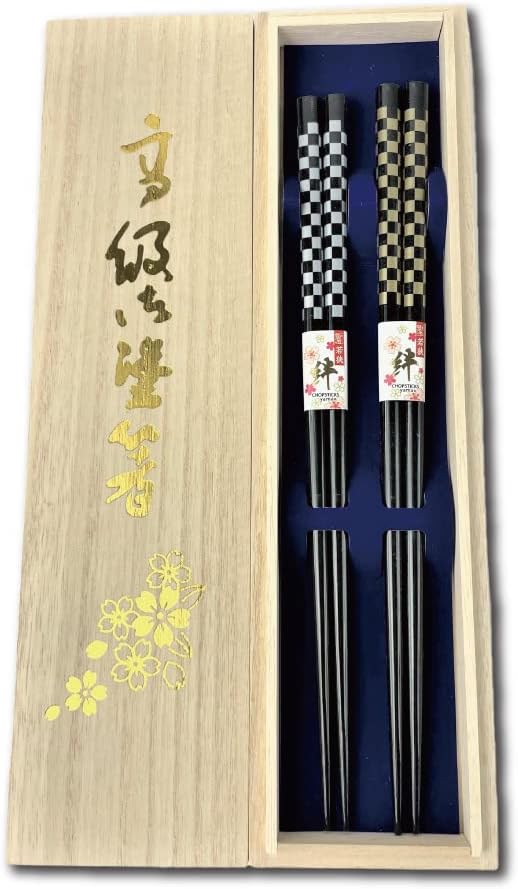 Premium Japanese Chopsticks Reusable 2prs Set [ Made in Japan ] Traditional Lacquer Art Wooden Chopsticks B (Small Checker GD/SV(2KR003))