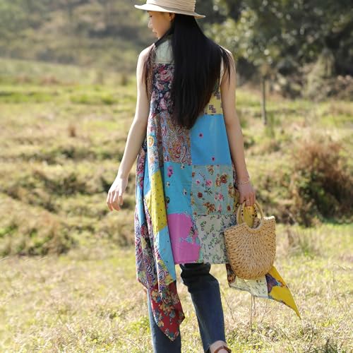 Summer Floral Patchwork Sleeveless Vest Boho Asymmetrical Hem Lightweight Long Cardigan2