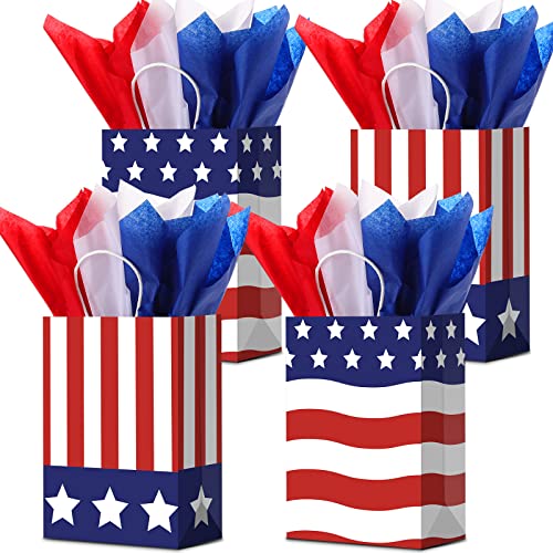 Tallew 16 Pieces Patriotic Gift Bags with Handle with 18 Pcs Tissue Paper 4th of July Gift Bags American Flag USA Bag for Veterans Memorial Day Independence Day Party(Cute Style)