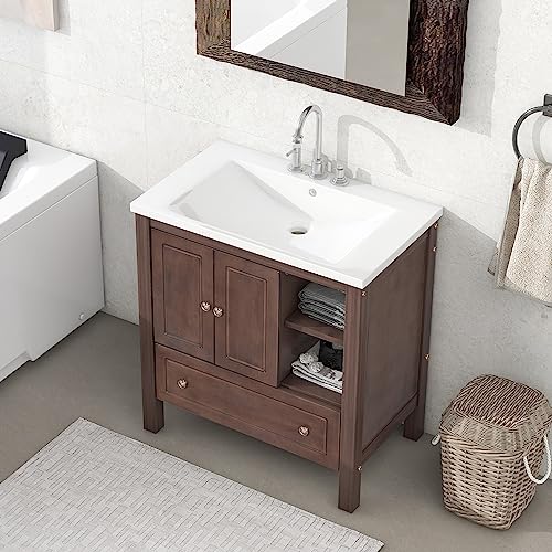 Merax Brown 30 Inch Bathroom Vanity Sink, Rustic, Solid Wood Frame Painted Finish, Storage Cabinet with Drawer, 30´´