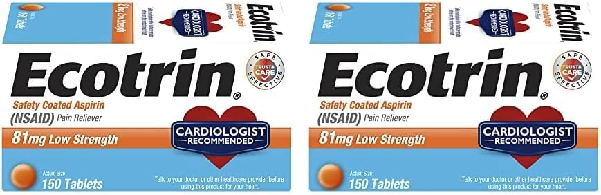 Ecotrin Low Strength Aspirin, 81mg Low Strength, 150 Safety Coated Tablets (Pack of 2)
