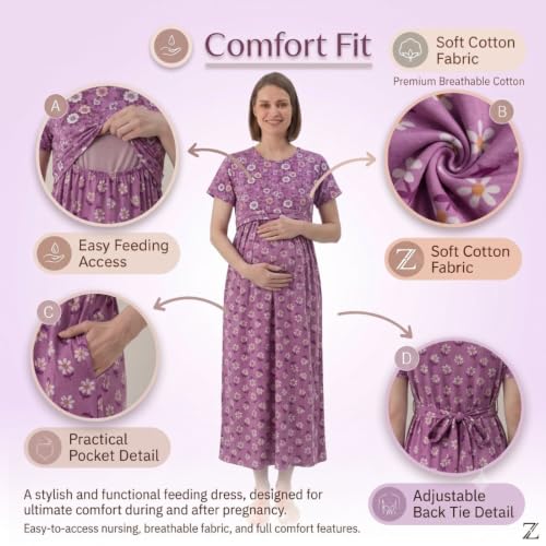 Image of Zero Clothing Feeding Dress for New Moms Casual Loungewear Ankle Length | Cotton Maternity Nighty | Zipless Feeding Dresses for Women | Pregnancy & Nursing Wear