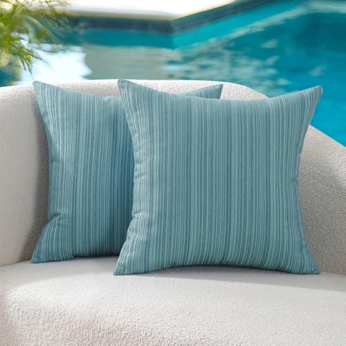 VAKADO Outdoor Chenille Pillow Covers 18x18 Set of 2 Waterproof UV Fade Resistant Stripe Patio Pillow Cushion Covers for Furniture Decorative Porch Couch Throw Pillow Cases for Garden Bench Teal