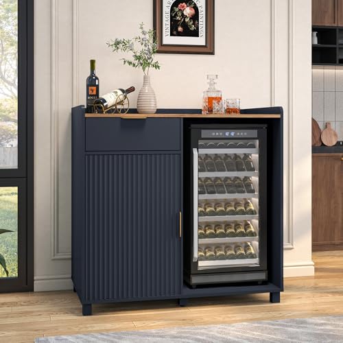 SEREMOVE Coffee Bar Cabinet with Fridge Space&Fluted Door, Mini Fridge