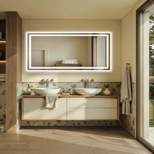 Image of 72x32 LED Bathroom Mirror with Anti-Fog, Backlit & Front Lit, Memory | Stepless Dimmable 3 Color CRI 95+ Shatterproof Tempered Glass ETL Listed for Safety Lighted Bathroom Vanity Mirror for Wall