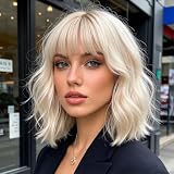 Veally Platinum Blonde Bob Wig with Bangs Short Wavy Bob Curly Wigs for Women Natural Looking Synthetic Heat Resistant Fiber Platinum Blonde Wig
