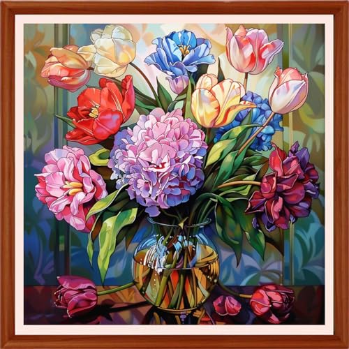 Image of Foxhool Stamped Cross Stitch Kits,11CT Printed Cross Stitch Pattern Full Embroidery Kits for Beginner Needlepoint Kits&Flower vases 18x18 inchs
