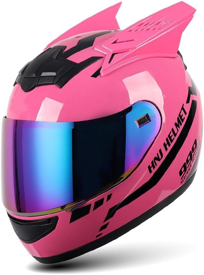 Kcolic Casco da Moto con Orecchie di Gatto Nero/Rosa per Ragazze E Donne, Casco da Moto Modulare con Omologazione DOT/ECE, Casco Integrale con Doppia Visiera E Casco Flip-Up Integrato E,M(54-56 CM)