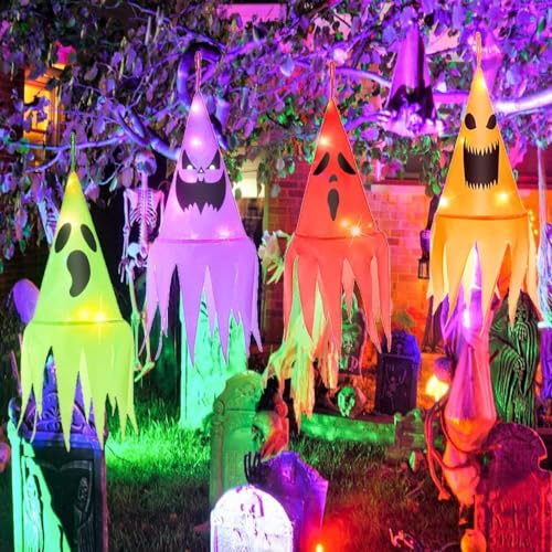 LOVEXIU Decoração de Halloween 4 peças, chapéu de Halloween iluminado, chapéu de bruxa com luzes de fadas de Halloween, Halloween chapéus para crianças, chapéu de bruxa pendente para exteriores