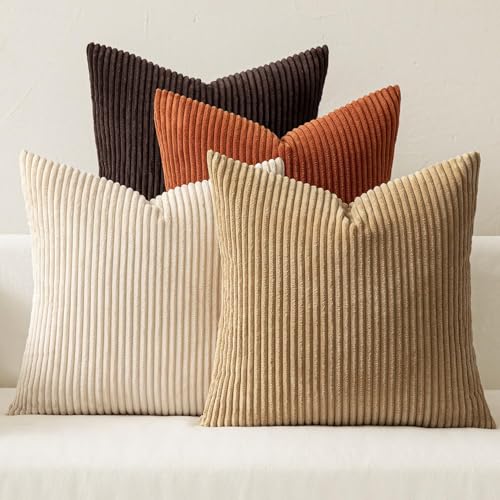 Image of MIULEE Boho Farmhouse Throw Pillow Covers 20x20 Inch Set of 4 Rustic Mordern Neutral Cushion Covers Soft Corduroy Nordic Fall Home Decor for Couch Bed Sofa Living Room Chocolate Brown /Rust