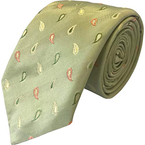 Cravate 100 % soie haut de gamme couleur vert pâle et orange motif cachemire chic