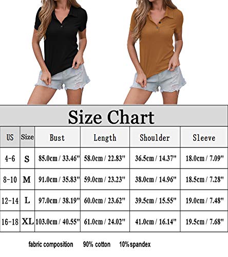Women's Button Polo Shirts Collar Short Sleeve Ribbed Stretchy Slim T-Shirt Top(Black,Xl) #TOP5