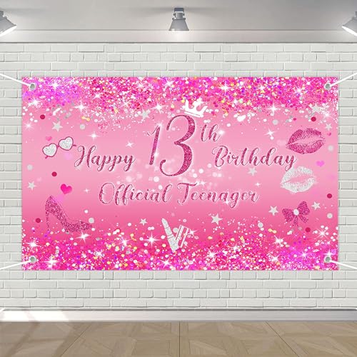 Avezano 13th Birthday Backdrop for Girls Hot Pink Flash Happy 13th Birthday Party Decorations Banner Official Teenager 13 Year Old Birthday Photography Background