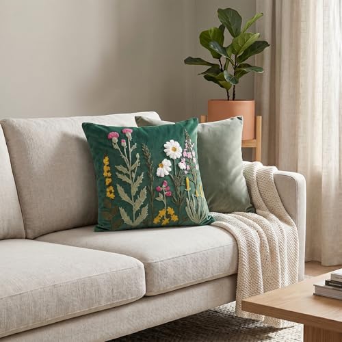 AVOIN colorlife Spring Summer Floral Daisy Embroidered Throw Pillow Covers, 18 x 18 Inch Green Colorful Flowers Decor Tufted Patterned Linen Cushion Case for Sofa Couch Set of 2 by AVOIN colorlife - Used condition - Image 2