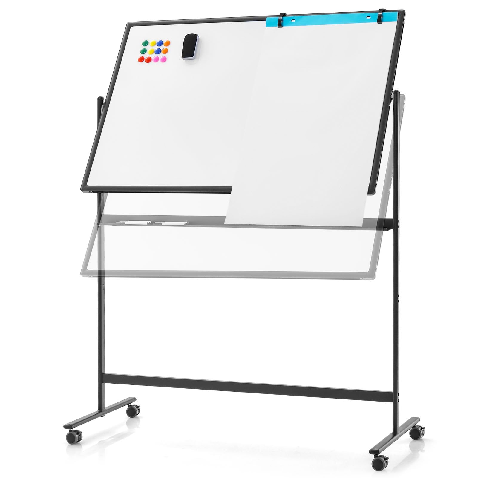 CASART Double Sided Easel-Style Whiteboard, Height Adjustable Dry Erase Board with Stand, Eraser, Magnets & Paper Clips, Mobile Magnetic Whiteboard for Office Classroom (Black, 120 x 80cm)