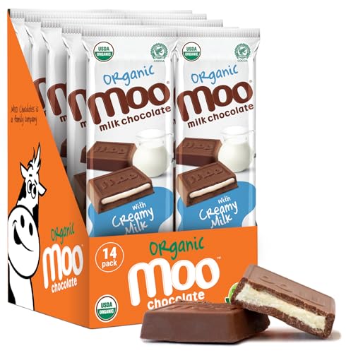 Moo Chocolates Organic Milk Chocolate Large Bars with Creamy Milk Filling 1.4 oz, 14 ct (Pack of 1) | USDA Organic, Non-GMO | 110 Calorie Snacks for On-the-Go, Lunchboxes, Office