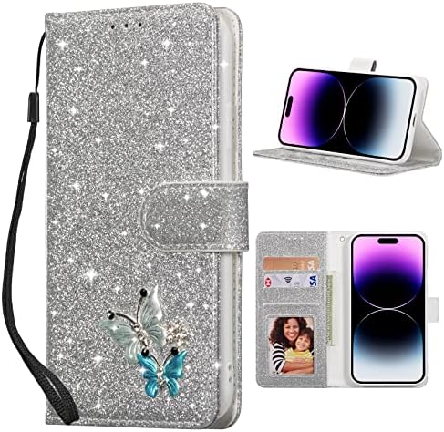 QLTYPRI Case for iPhone 12 Pro Max, Glitter PU Leather TPU Bumper Card Holder Wrist Strap Wallet Case with Inlaid Heart Diamond Flip Cover for iPhone 12 Pro Max (6.7 inch) - Gold