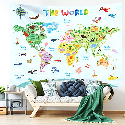 BASHOM TP-001 - Tapiz de mapa del mundo de animales grandes para colgar en la pared para dormitorio, sala de estar, dormitorio, decoración del hogar, poliéster, 60 x 50 pulgadas (150 x 130 cm)