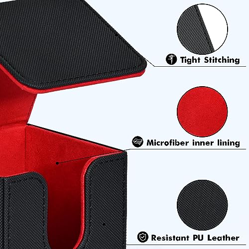 Image of ZLCA Card Deck Box for Trading Cards, MTG YuGiOh Deck Case Holds 100+ Single Sleeved Cards, PU Leather Magnetic Card Storage Box Fits for TCG CCG Magic Game Cards (Black& Red)