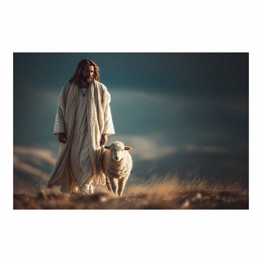 ZAMAEIU Jesus Picture Poster Accompanying thes lamb Christ Canvas Painting Wall Art Print,for Living Room,bedroom Apartment office corridor Decor(blue0)-80x120cm Unframed