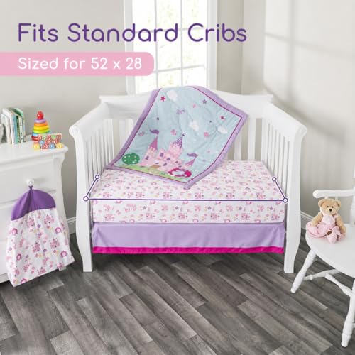 Image of EVERYDAY KIDS 4 Piece Girls Crib Bedding Set -Princess Storyland - Includes Quilt, Fitted Sheet, Dust Ruffle and Diaper Stacker - Nursery Bedding Set - Baby Crib Bedding Set