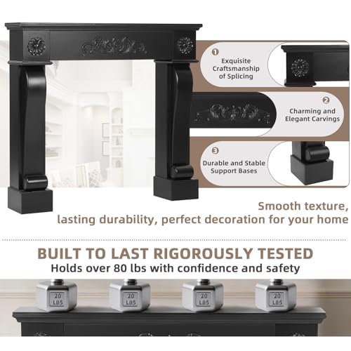 Image of Modern Fireplace Mantel Surround, Decorative Wooden Freestanding Mantel for Electric Fireplace, Waterproof & Anti-Tipping, Premium MDF Mantel with Leg for Living Room, Black