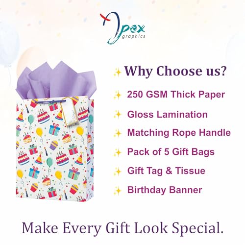 Image of Paper Bags for Birthday Return Gifts - Pack of 10 | Gift Bags Medium Size | Return Gift Bags for Kids Birthday Party | Medium Carry Bags for Gifts | Paper Bags for Gifting | 23 x 30 x 9 cm | Bag with Tissue, Tag & Banner