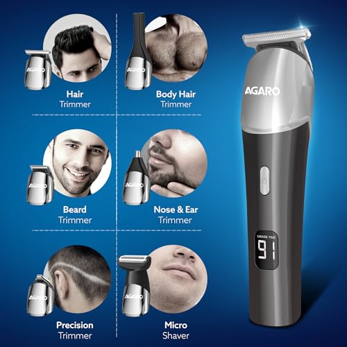 Image of AGARO Royal Multi Grooming Kit For Men, 9in1, Shave| Trim | Style, Face Head Body Trimmer, Self Sharpening Stainless Steel Blade, 5 Combs, Metal Body, Type C Fast Charging, 120 Min Usage, IPX7, Silver