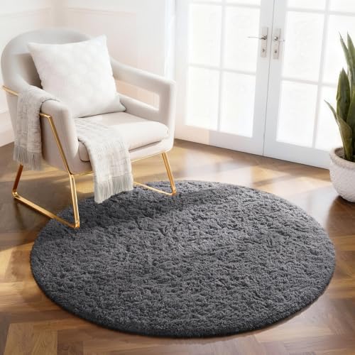 Ophanie Round Rug 2Ft Grey Circle Area Rug, Fluffy Fuzzy