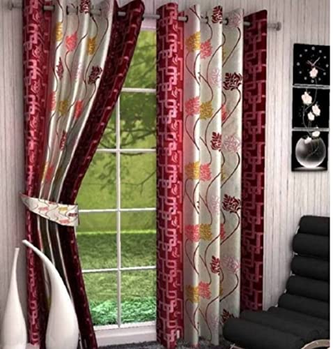 Image of Woah Polyester Floral Door Curtain Door Window Curtain Premium Polyester Weaved Parda Modern Parde for Living Room Bedroom Home Office Screens Eyelet Ring 9-feet (Red D-4)