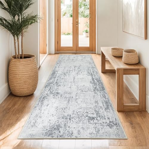 Capslpad Tapis de couloir 80x200cm Gris Lavable antidérapant pour cuisine Tapis moderne minimaliste à poils courts en laine artificielle Idéal pour salon et...