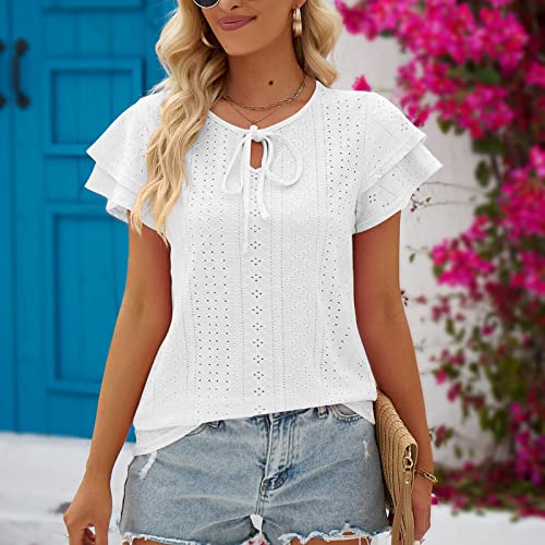 Women's Casual Dressy Double Layer Ruffle Short Sleeve Shirts Fashion Front Key Hole Strappy Scoop Neck Loose Fit Tops White #TOP3