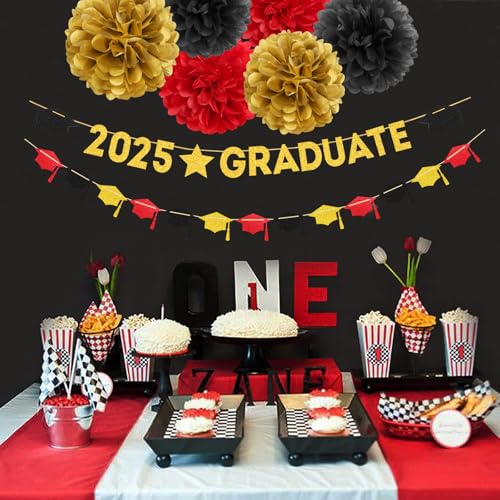 Image of Red Black-Gold Party-Decoration Graduation Banner - 8pcs Kits Cap Garland Streamers, Paper Tissue Pom Poms Flowers, 2025 Craduate Banner Congratulations Grad Decor Lasting Surprise