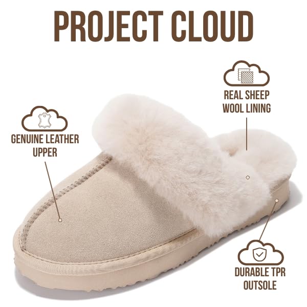 Project Cloud Genuine Leather Slippers for Women Footwear with Real Sheep Wool Lining Womens Clogs & Mule - Non-Slip Indoor/Outdoor Scuff Womens Slippers with Memory Foam Insole (Henka)