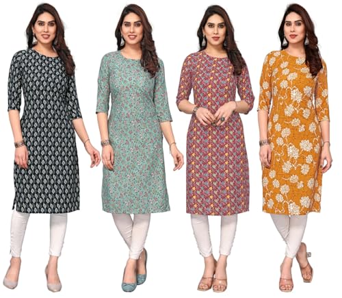 Image of JAKHANA Women's Crepe Printed Casual Straight Calf Length Round Nick Kurta Pack of 4