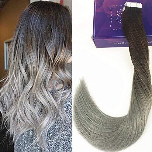 LaaVoo 18" Gule Real Human Hair Tape in Extensions Balayage Highlight Colored Dark Brown to Gray Silver Seamless Skin Weft Tape on Hair Extensions Remy Human Hair 20Pcs 50 Grams