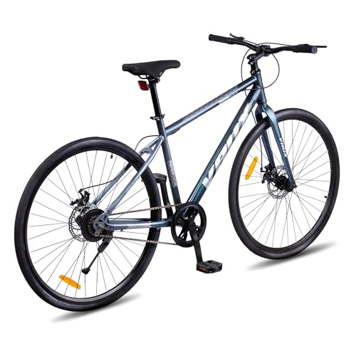 Image of Vaux City-Pro 700C Hybrid Cycle for Men, 19 Inch Hi-Ten Steel Frame, Dual Disc Brake, 700x35C Tyres, Double Wall Alloy Rims, City Bike(Grey-Blue, Single Speed, Rigid Fork)