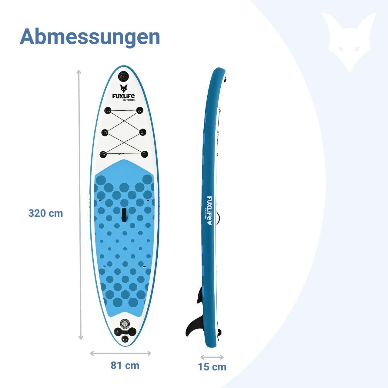 Fuxtec Aufblasbares SUP Board ECO Set – Stand Up Paddle Board 320 x 81 x 15 cm mit 3 Finnen – Touring-Board belastbar bis 150kg – inkl. Packsack